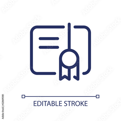 Certificate pixel perfect linear ui icon. Appreciation letter. Outstanding student award. GUI, UX design. Outline isolated user interface element for app and web. Editable stroke. Arial font used