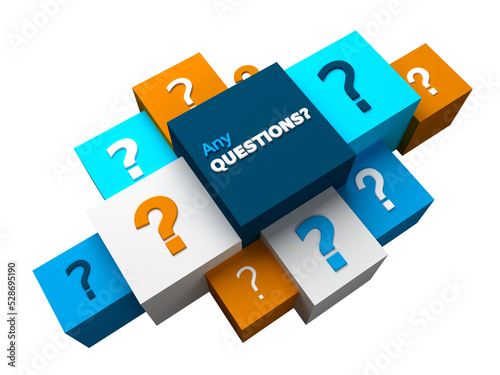 Photography 3D render of ANY QUESTIONS? business concept cubes on transparent background