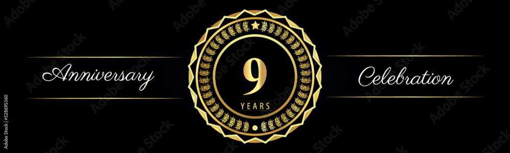 Naklejka premium 9 years anniversary celebration logotype with gold star frames, number, and flowers on black background. Premium design for marriage, banner, event party, happy birthday, greetings card, jubilee.