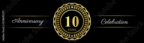 10 years anniversary celebration logotype with gold star frames, number, and flowers on black background. Premium design for marriage, banner, event party, happy birthday, greetings card, jubilee.