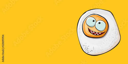 Vector cartoon fried egg character isolated on orange background. Cute fried egg for good morning concept illustration. Funky cartoon egg character for printing on tee, menu and food poster