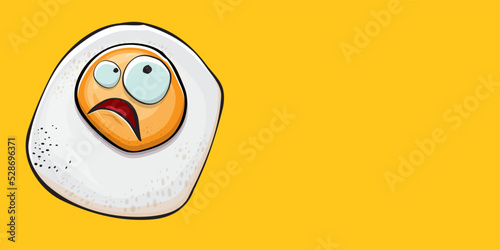 Vector cartoon fried egg character isolated on orange background. Cute fried egg for good morning concept illustration. Funky cartoon egg character for printing on tee, menu and food poster