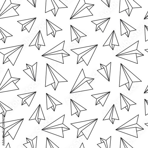 Outline paper plane icon seamless pattern vector. Line continuous hand drawn illustration. Wallpaper, graphic background, fabric, print, wrapping paper.