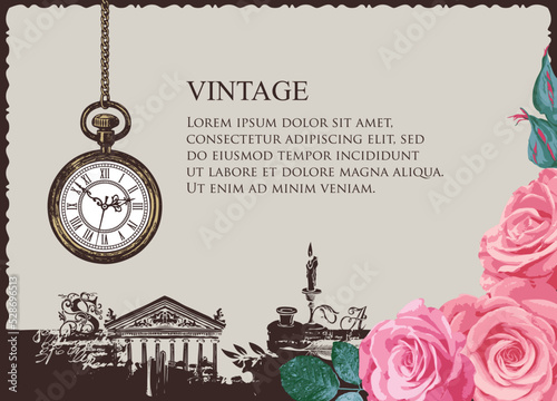 Vintage background with place for text. Vector illustration with beautiful roses, antique pocket watch hanging on a chain on an abstract backdrop with an old building facade, inkwell, feather, candle