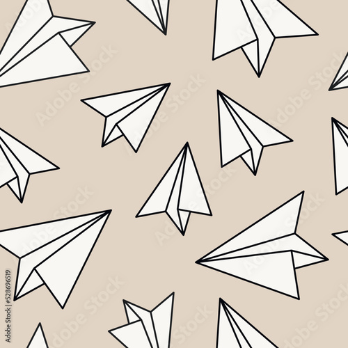 Hand drawn geometric paper plane icon seamless pattern vector illustration. Wallpaper, graphic background, fabric, print, wrapping paper, banner, card.