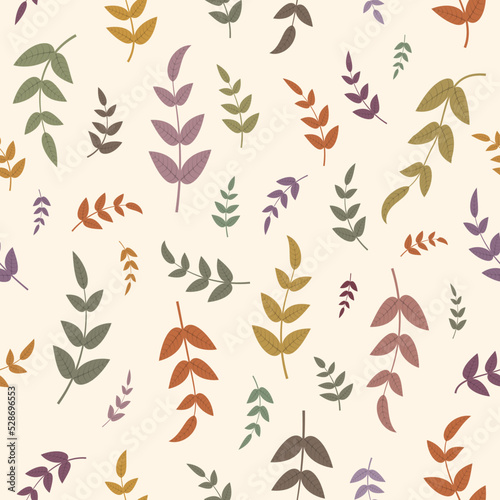 Autumn colors branches Seamless pattern Falling leaves Vector illustration Isolated on a beige background