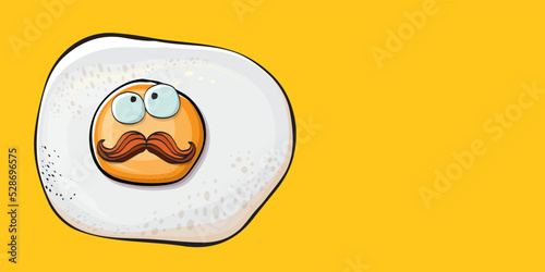 Vector cartoon fried egg character isolated on orange background. Cute fried egg for good morning concept illustration. Funky cartoon egg character for printing on tee, menu and food poster