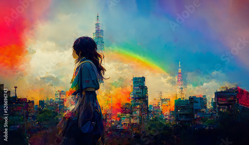 A Japanese girl in city scape  under rainbow circumstance. 