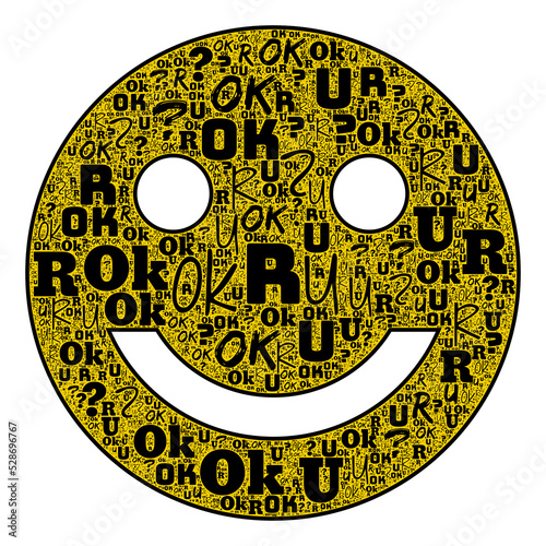 Smile face shape illustration with R U OK Day word cloud with colorful letters. R U OK Day is an Australian national day of action dedicated to inspiring all people to ask Are you OK regularly photo