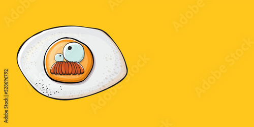 Vector cartoon fried egg character isolated on orange background. Cute fried egg for good morning concept illustration. Funky cartoon egg character for printing on tee, menu and food poster