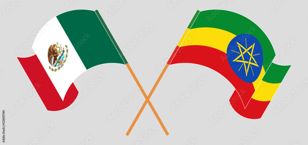 Crossed and waving flags of Mexico and Ethiopia Crossed and waving flags of Mexico and Ethiopia