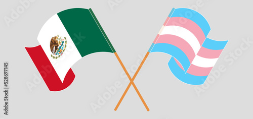 Crossed and waving flags of Mexico and Transgender Pride