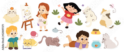 Set of cute kids and cats vector. Lovely cat and friendly kitten doodle pattern in different poses, toy with flat color. Adorable funny pet and characters hand drawn collection on white background.