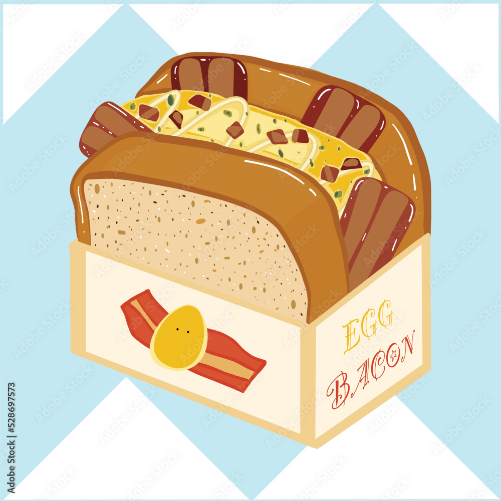 Korean sandwich or egg drop with toasted bread, scrambled egg, bacon