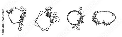 Different openwork frames with flowers, leaves, twigs and curls, isolated on a white background. Vector floral frame for holiday greeting card, wedding invitation, monogram, laser and plotter cutting