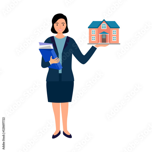 Real estate agent holding a house model in flat design on white background.