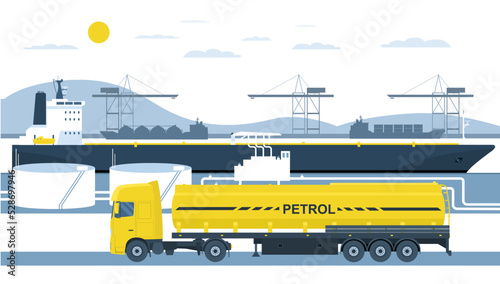 The ship-tanker with oil is unloaded in the port terminal. Fuel truck in the tank takes out fuel from the terminal. Vector illustration.