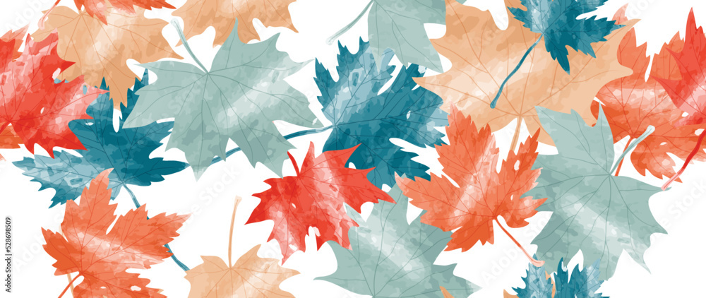 Fototapeta premium Abstract foliage botanical seamless background. Colorful watercolor wallpaper of fall, autumn plants, maple, leaf branches, leaves. Foliage design for banner, prints, decor, wall art, decoration.