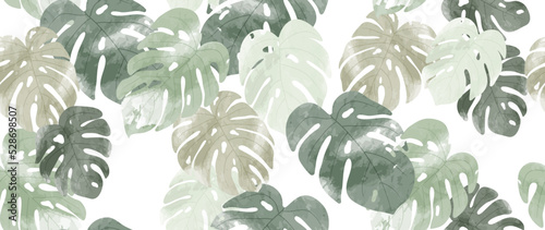 Abstract foliage botanical seamless background. Green watercolor wallpaper of tropical plants, monstera, leaf branches, leaves. Foliage design for banner, prints, decor, wall art, decoration.