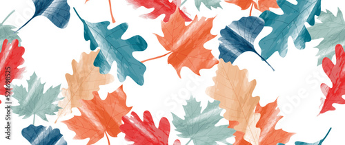 Abstract foliage botanical seamless background. Colorful watercolor wallpaper of autumn plants, maple, ginkgo, oak leaves. Foliage design for banner, prints, decor, wall art, decoration.