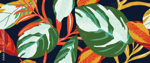 Abstract botanical seamless on dark background. Colorful watercolor wallpaper of tropical plants, leaf branch, foliage, flower. Foliage seamless design for banner, prints, decor, wall art, decoration.
