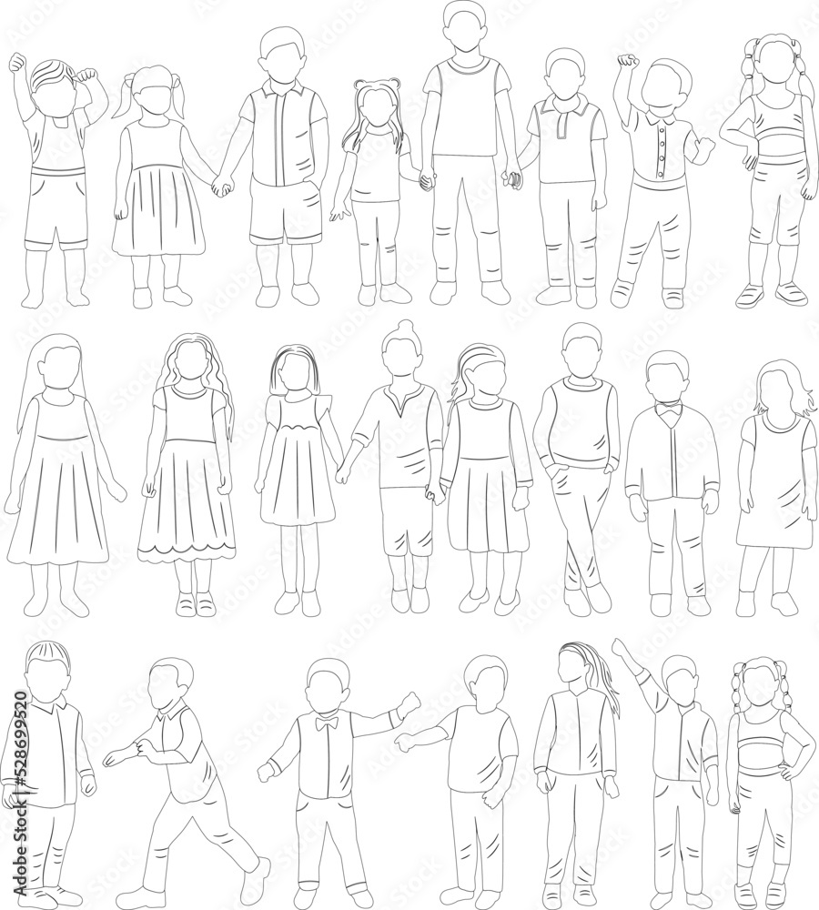 kids set sketch, contour vector, isolated kids set sketch, contour vector, isolated