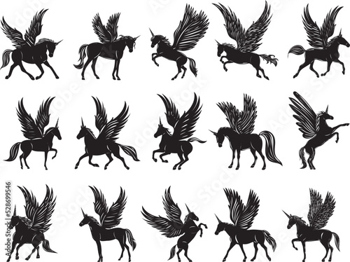 unicorns winged set, silhouette collection isolated, vector
