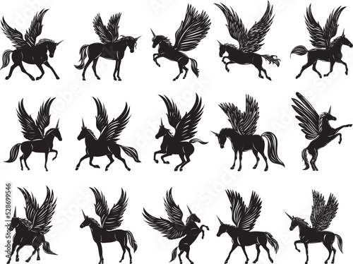 unicorns winged set  silhouette collection isolated  vector