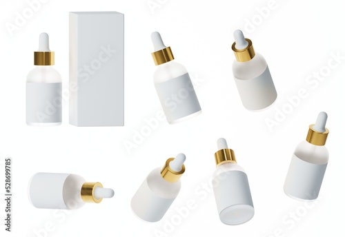 Seven different views of glossy white plastic serum bottle with cap 3D render, cosmetic product packaging isolated on white background