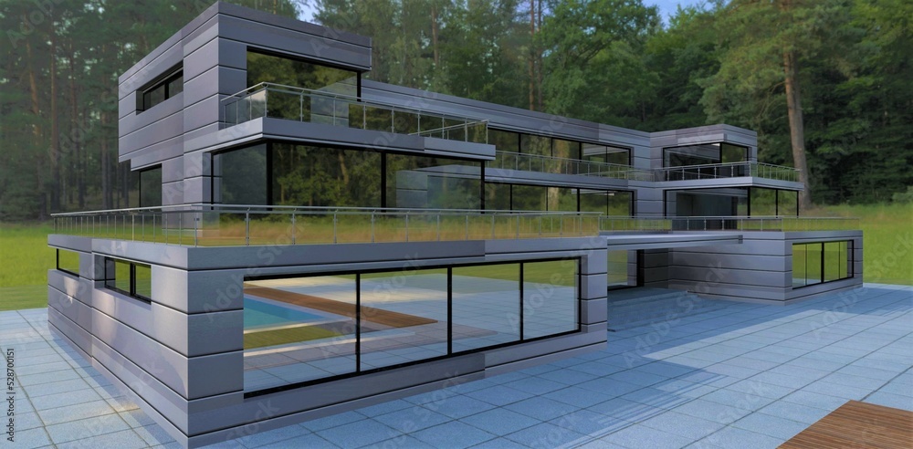 A futuristic building with aluminum panels in the woods. Looks expensive and reliable. Long terraces fenced with glass. 3d render.