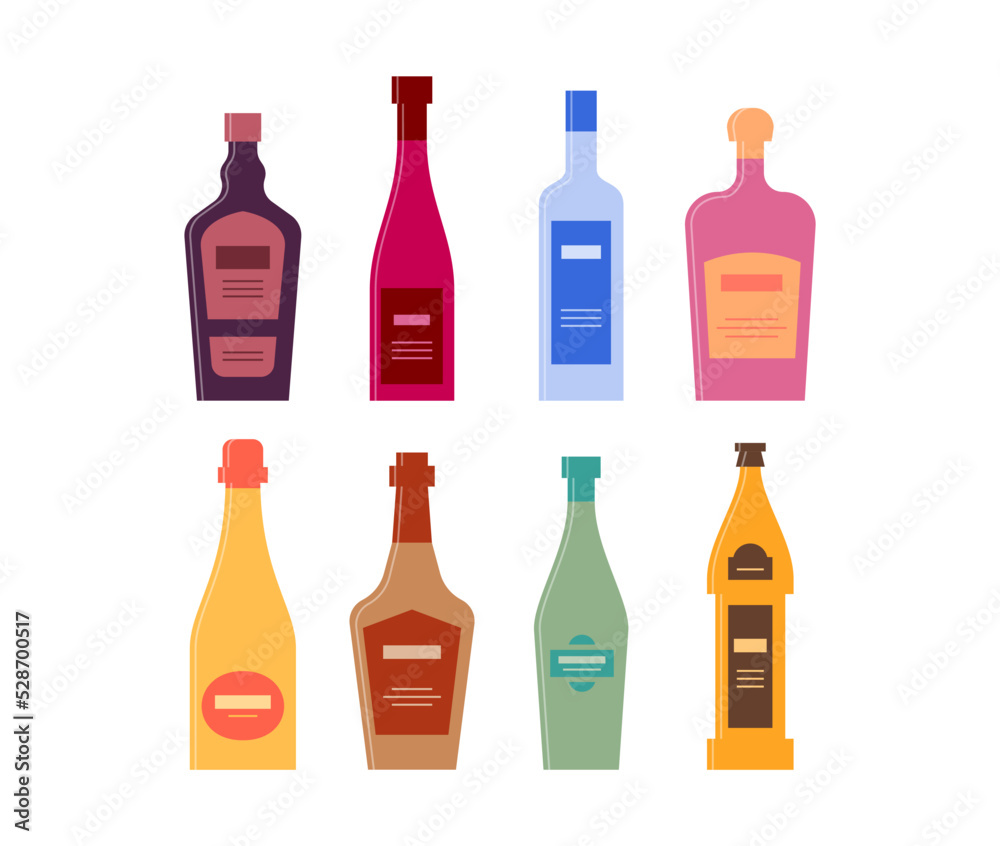 Bottle of liquor wine vodka rum champagne whiskey vermouth beer. Graphic design for any purposes. Flat style. Color form. Party drink concept. Simple image shape