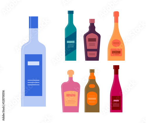 Bottle of vodka gin liquor champagne rum whiskey wine. Graphic design for any purposes. Flat style. Color form. Party drink concept. Simple image shape