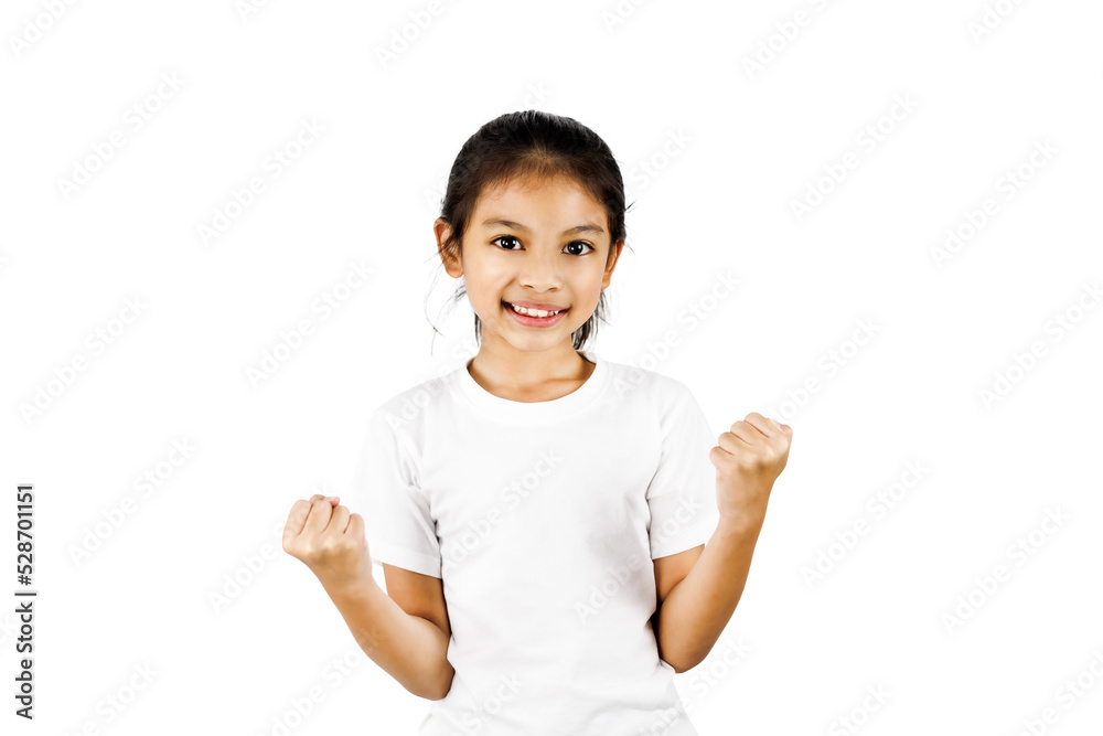 Excited young asian girl with raised hand celebrating success.Portrait cheerful positive asian female with raised hands and smiled isolated on white background with clipping path. Excited young asian girl with raised hand celebrating success.Portrait cheerful positive asian female with raised hands and smiled isolated on white background with clipping path.