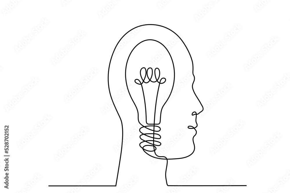 Continuous one drawn line silhouette of a man thinking with light bulb in front of her head. Allegory of solution and creative search. Vector illustration minimalism concept of idea and creativity. Continuous one drawn line silhouette of a man thinking with light bulb in front of her head. Allegory of solution and creative search. Vector illustration minimalism concept of idea and creativity.