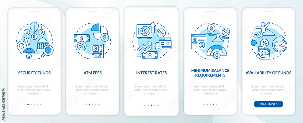 Choosing credit union blue onboarding mobile app screen. Banking walkthrough 5 steps graphic instructions with linear concepts. UI, UX, GUI template. Myriad Pro-Bold, Regular fonts used