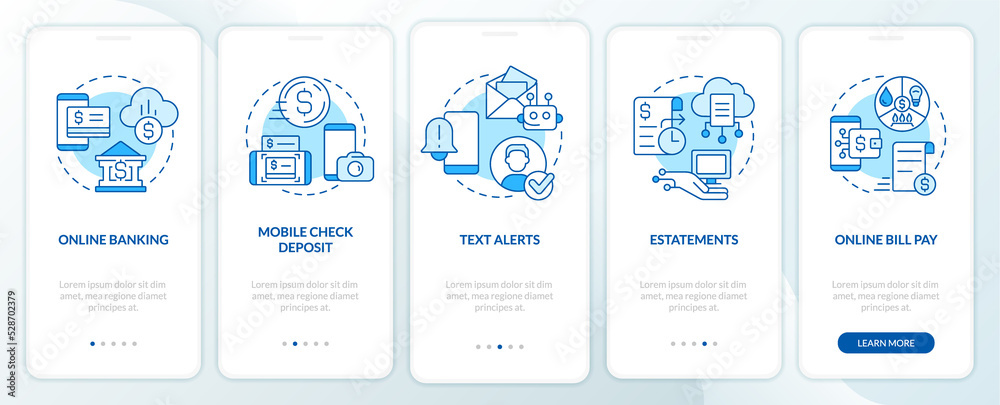 Digitization banking blue onboarding mobile app screen. Technology walkthrough 5 steps graphic instructions with linear concepts. UI, UX, GUI template. Myriad Pro-Bold, Regular fonts used