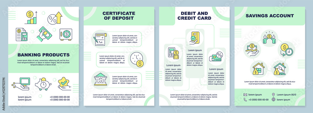 Banking products green brochure template. Offers for customers. Leaflet design with linear icons. Editable 4 vector layouts for presentation, annual reports. Arial-Black, Myriad Pro-Regular fonts used