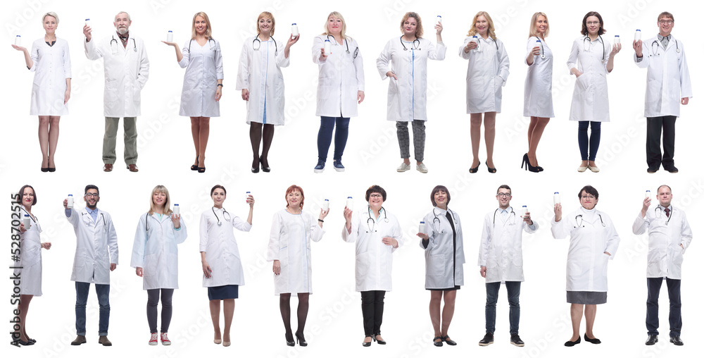 group of doctors holding jar isolated on white group of doctors holding jar isolated on white