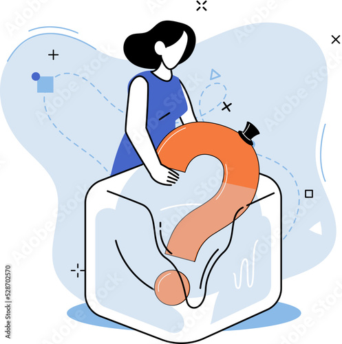 Question mark. Problem and solution concept. Girl looking for decision of information task, ask questions and receive answers. Solving complex issues, why sign, dilemma, doubt, uncertain situation