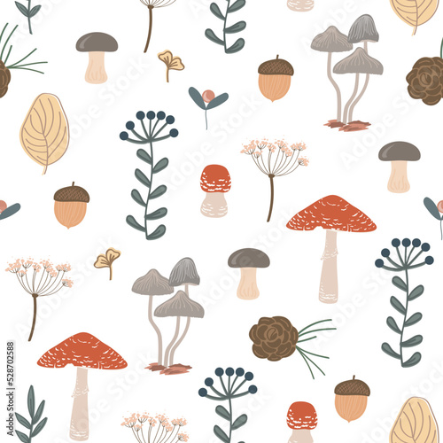 Cute floral seamless pattern. Autumn berries, leaves, brunches and mushrooms. Cute kids background for textiles, fabrics, paper, wallpapers. Vector illustration