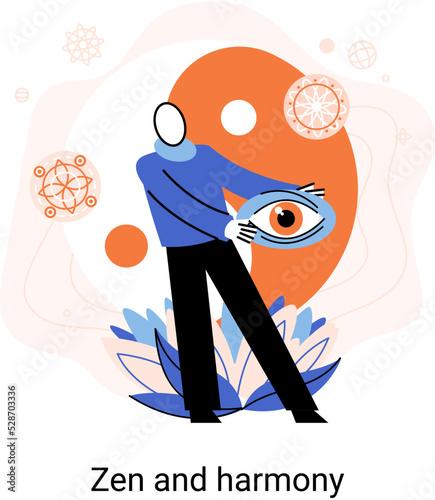 Zen and harmony metaphor, meditation practice. Balance, relaxation, mindfulness. Calm person relaxing. Yoga and spiritual practice, relax, recreation, healthy lifestyle. Japanese cult of mind and body