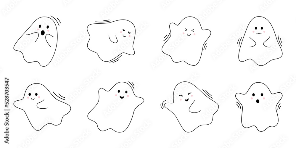 Fototapeta premium Vector halloween set with cute ghosts. Flying spirits in flat design. Outline phantoms on white background. Doodle ghosts.