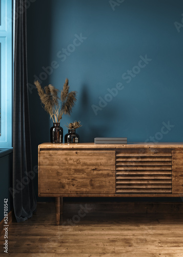 Commode with decor in living room interior, dark blue wall mock up background, 3D render