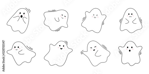Vector halloween set with cute ghosts. Flying spirits in flat design. Outline phantoms on white background. Doodle ghosts.