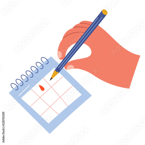 Menstruation calendar concept. Woman's hand marks menstrual days on calendar monthly with pencil, pregnancy planner, cycle phase control, hand drawn doodle illustration isolated on white background