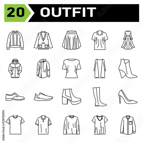 Outfit icon set include fashion, clothing, clothes, apparel, shirt, wear, shoes, man, footwear, male, shoe, sport bra, bra, outfit, female, summer, style, accessory, design, bag, cartoon