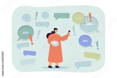 Female artist receiving feedback on work. Woman holding palette, surrounded by text bubbles flat vector illustration. Occupation, public opinion concept for banner, website design or landing web page