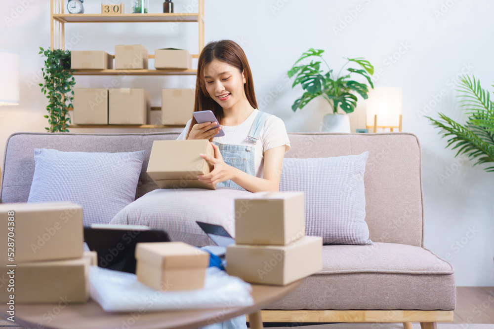 Online trader concept, Female entrepreneur use smartphone to take a picture parcel boxes to client Online trader concept, Female entrepreneur use smartphone to take a picture parcel boxes to client