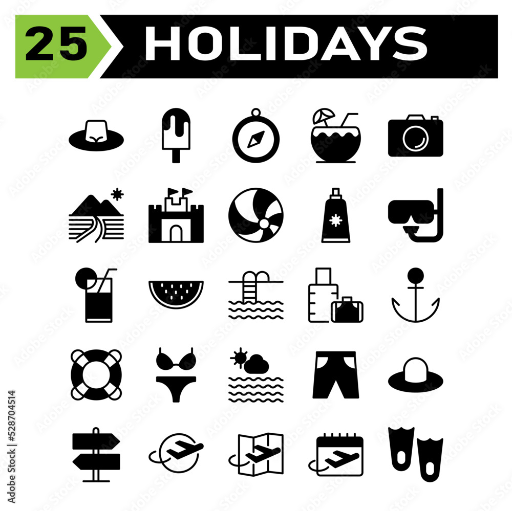 Obraz premium Holidays icon set include hat, fashion, beach, cap, holiday, trip, ice cream, dessert, cold, navigation, compass, direction, location, coconut, drink, juice, beverage, camera, photo, photography