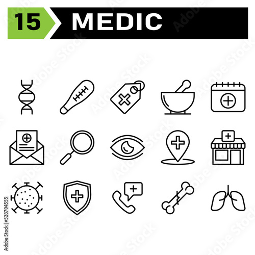 Medic icon set include biology, heredity, genetics, biotechnology, molecules, pregnancy strip, medical device, medical test, health, medical, tag, hospital, pharmacy, medicine, potion, drug